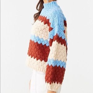 Puff-Sleeve Crocheted Striped Sweater